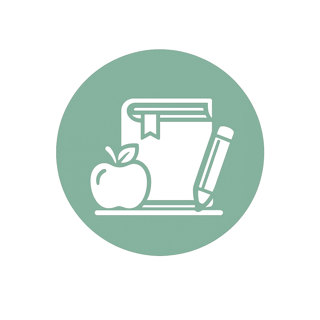 A graphic icon featuring an apple, a closed book with a bookmark, and a pen, all enclosed in a green circle.