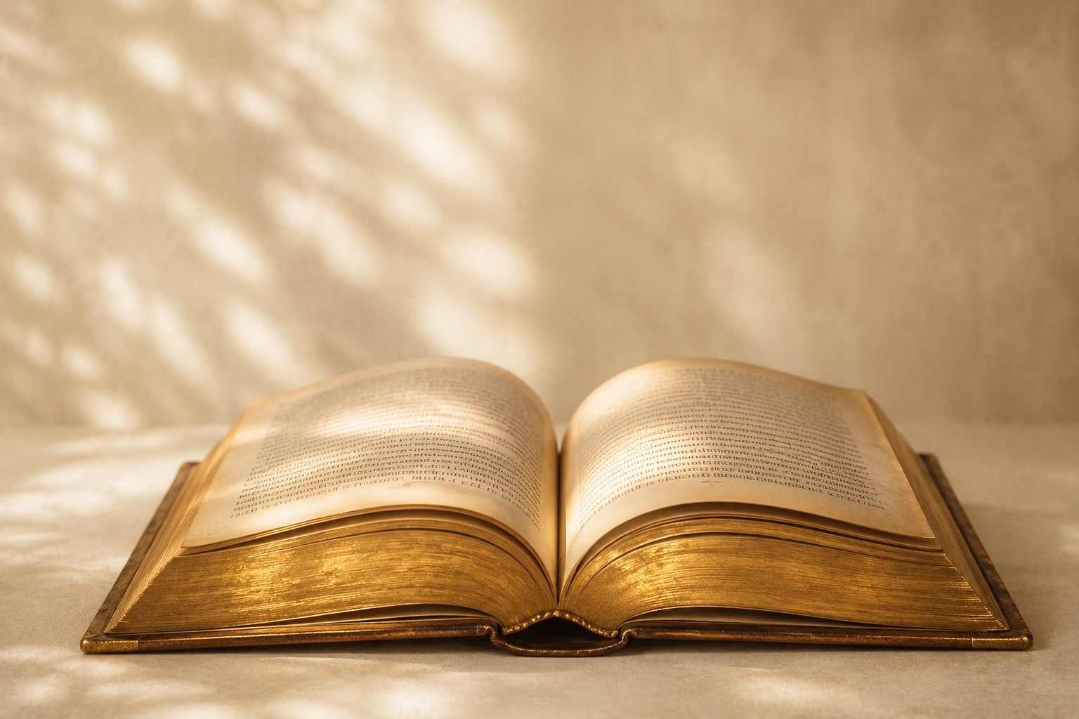 An open antique book with aged pages illuminated by warm light, creating patterned shadows on the background.