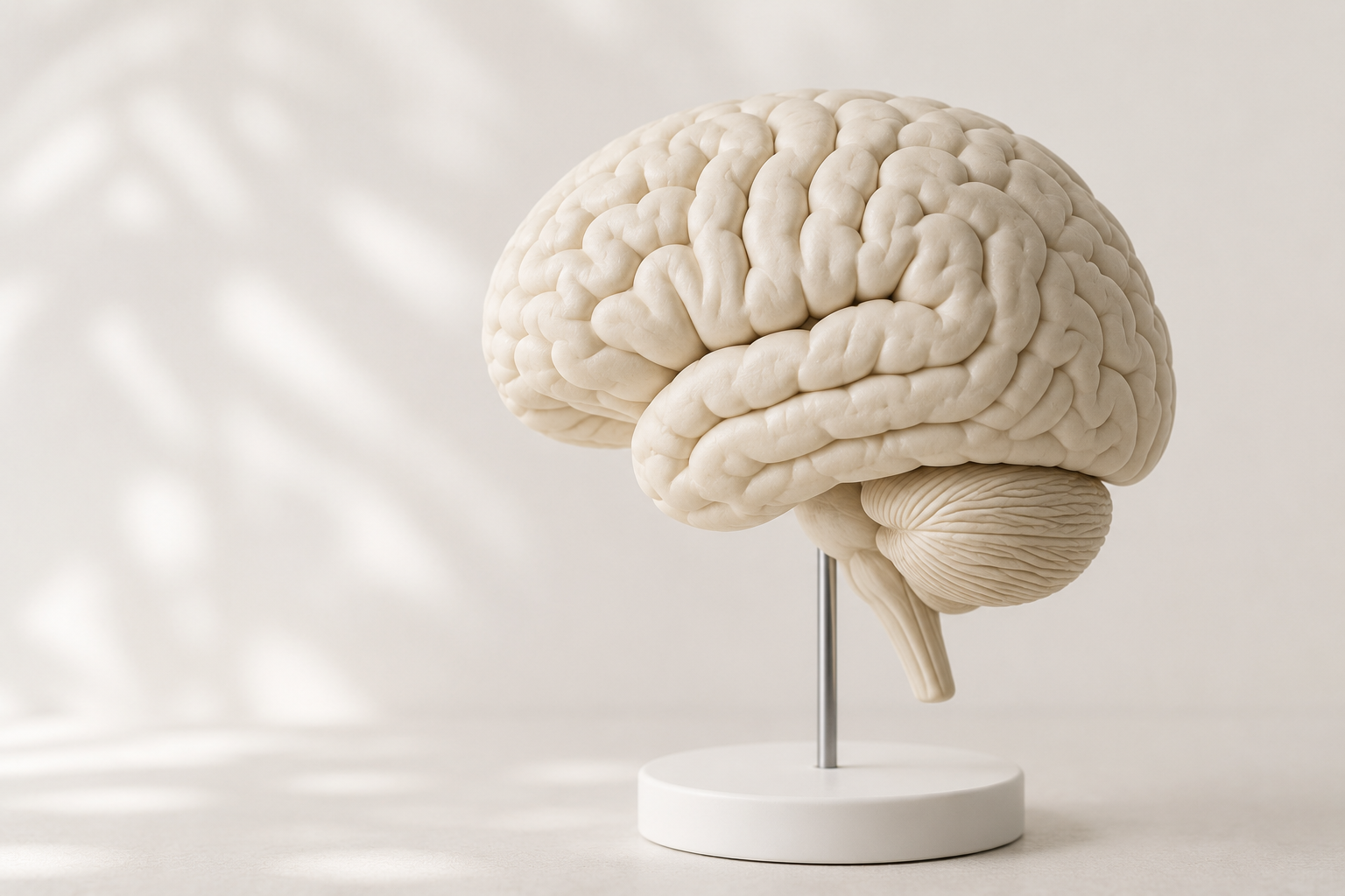 A detailed model of a human brain with a smaller brain or cerebellum attached, mounted on a metal stand with a white circular base.