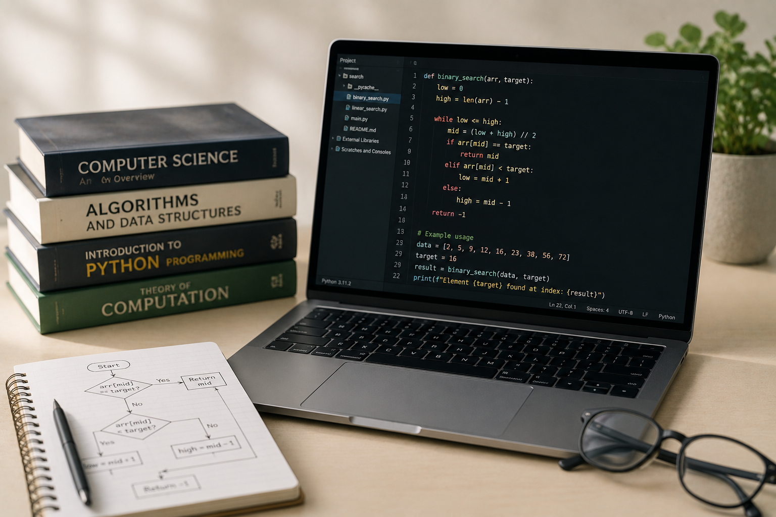 A laptop displaying Python code for binary search, with a stack of programming and computer science books, a notebook with a flowchart, a pen, a pair of glasses, and a potted plant on a desk.