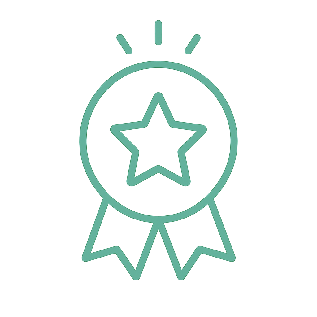 Neon outline of a medal with a star in the center and two ribbon tails, glowing green against a dark background.