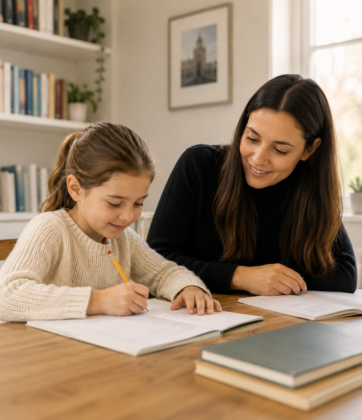 A woman and a young girl studying together at a wooden table in a cozy home environment.