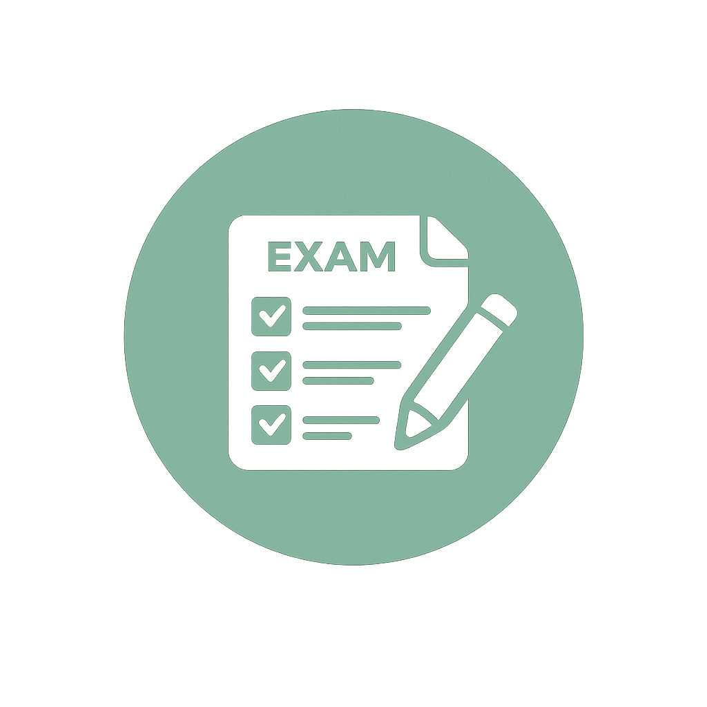 Icon of a document labeled 'EXAM' with check marks and a pencil, representing a test or exam.