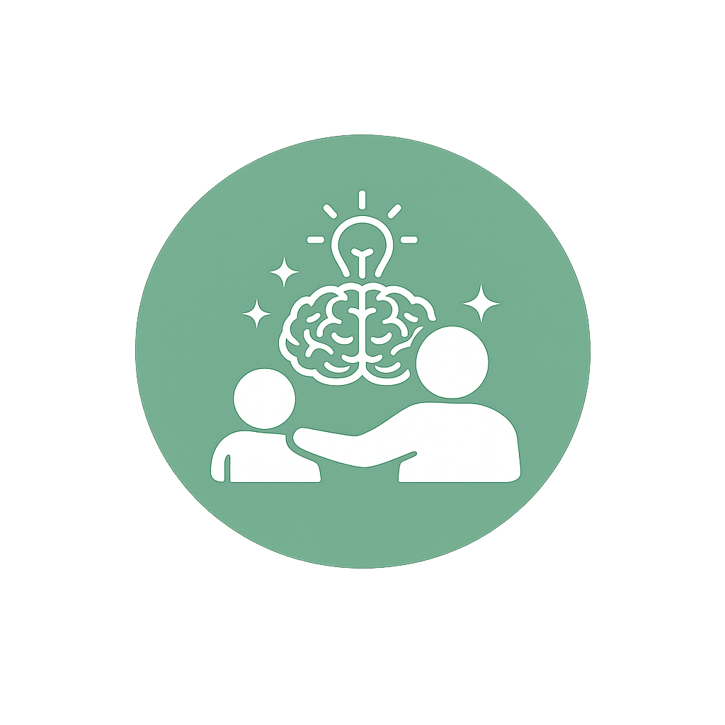 Illustration of two people shaking hands, with a brain and a light bulb above them, representing idea sharing or collaboration.