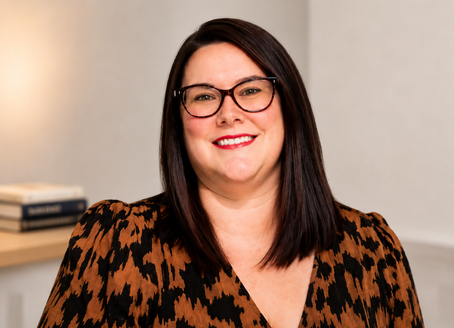 A woman with shoulder-length dark hair, wearing glasses, a leopard print top, smiling indoors with a blurred background.