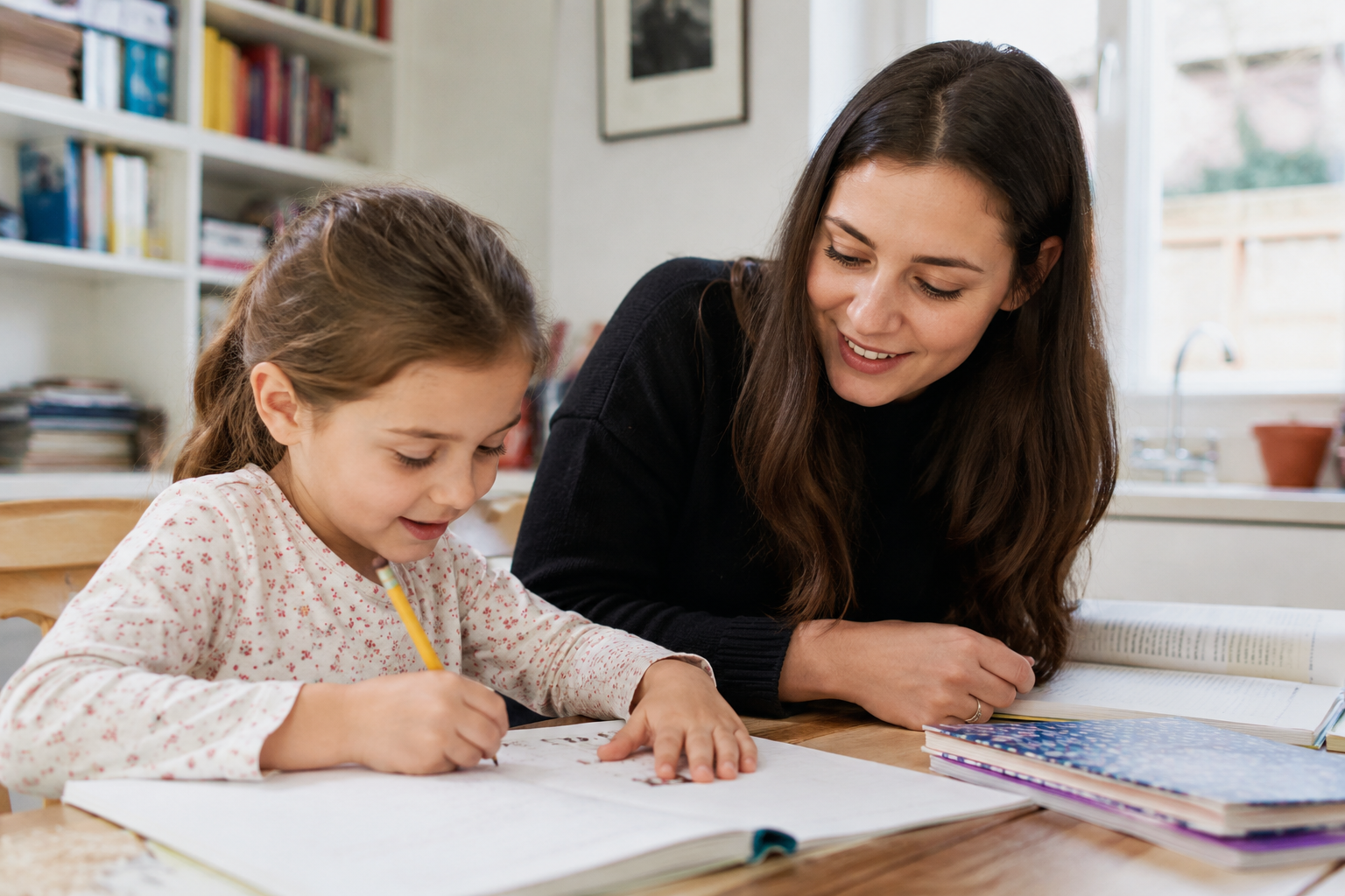 A woman and a young girl studying together at a wooden table in a bright kitchen, with books and papers in front of them.