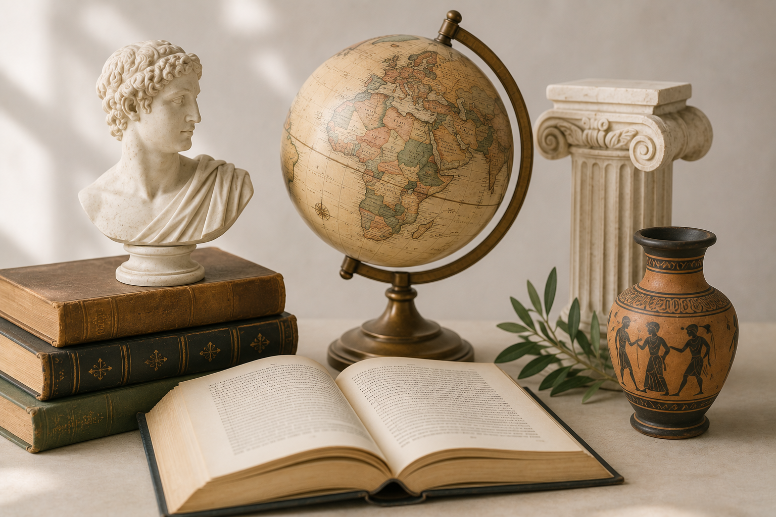 Decorative objects including a bust sculpture, a globe, a column, a Greek vase, and books on a table.