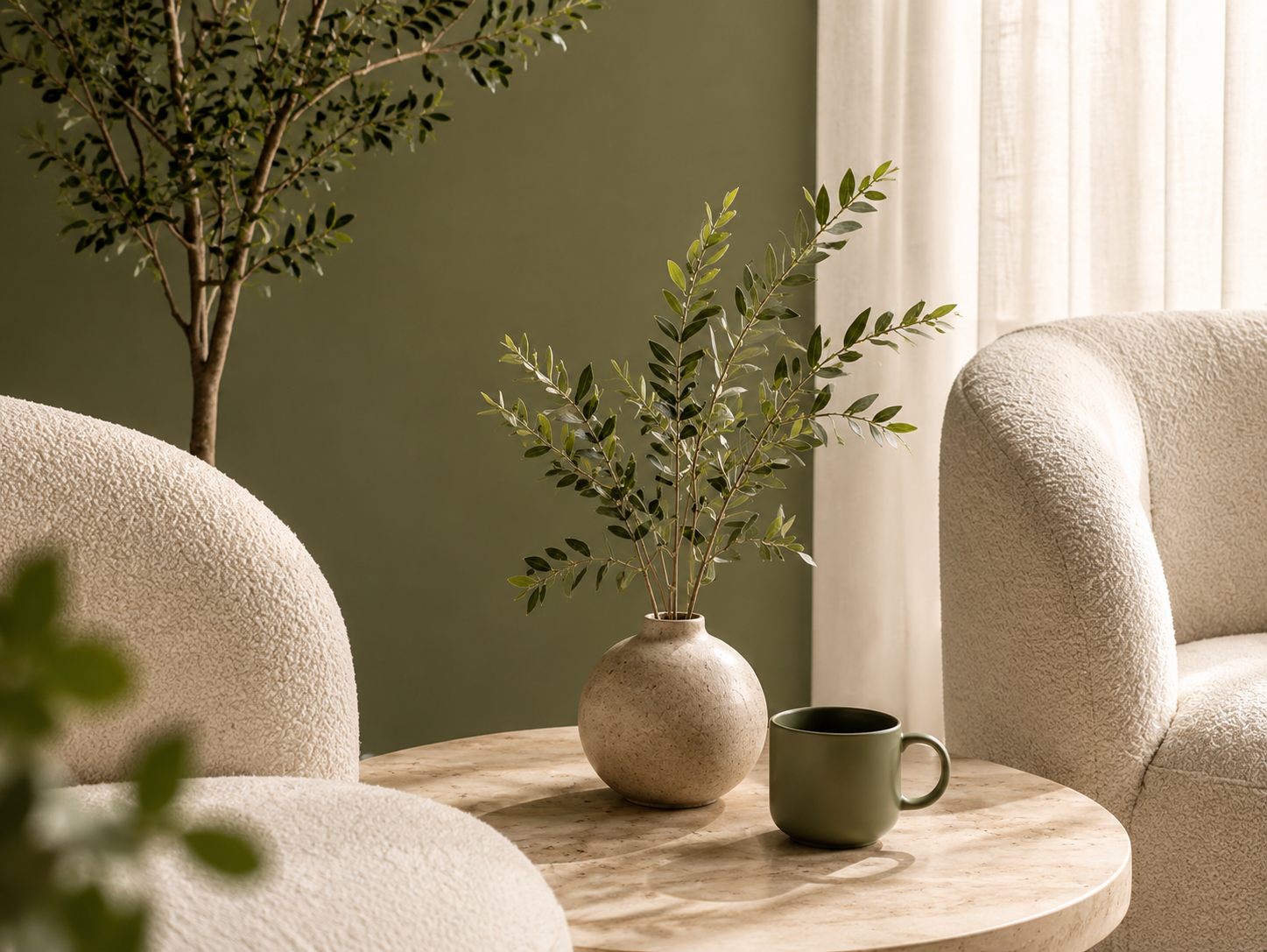 A cozy living room corner with two cream-colored upholstered chairs, a round marble table, a beige ceramic vase with green leafy branches, a dark green mug, a large potted tree, and sheer curtains in the background.