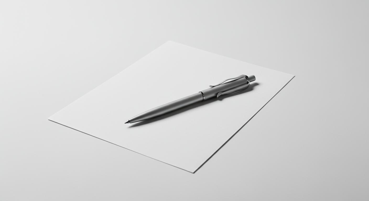 A silver pen resting on a blank white sheet of paper on a grey surface.