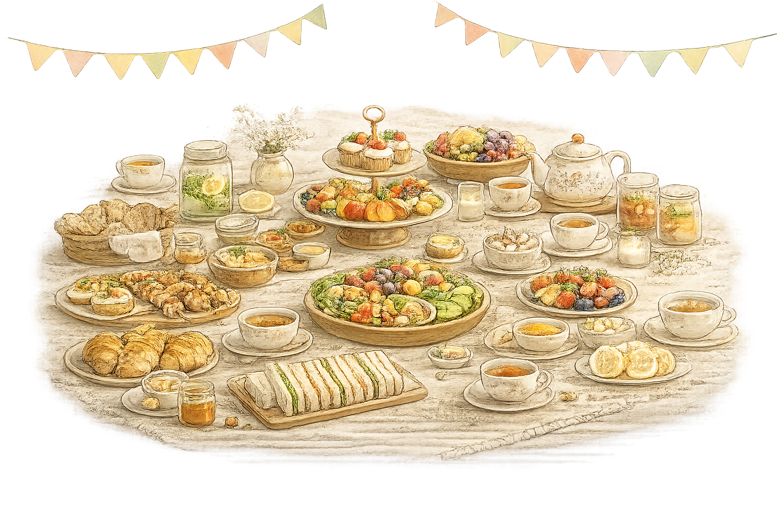 Familie en vrienden delen thee, lekkers en verhalen tijdens een warme Baby Blessing