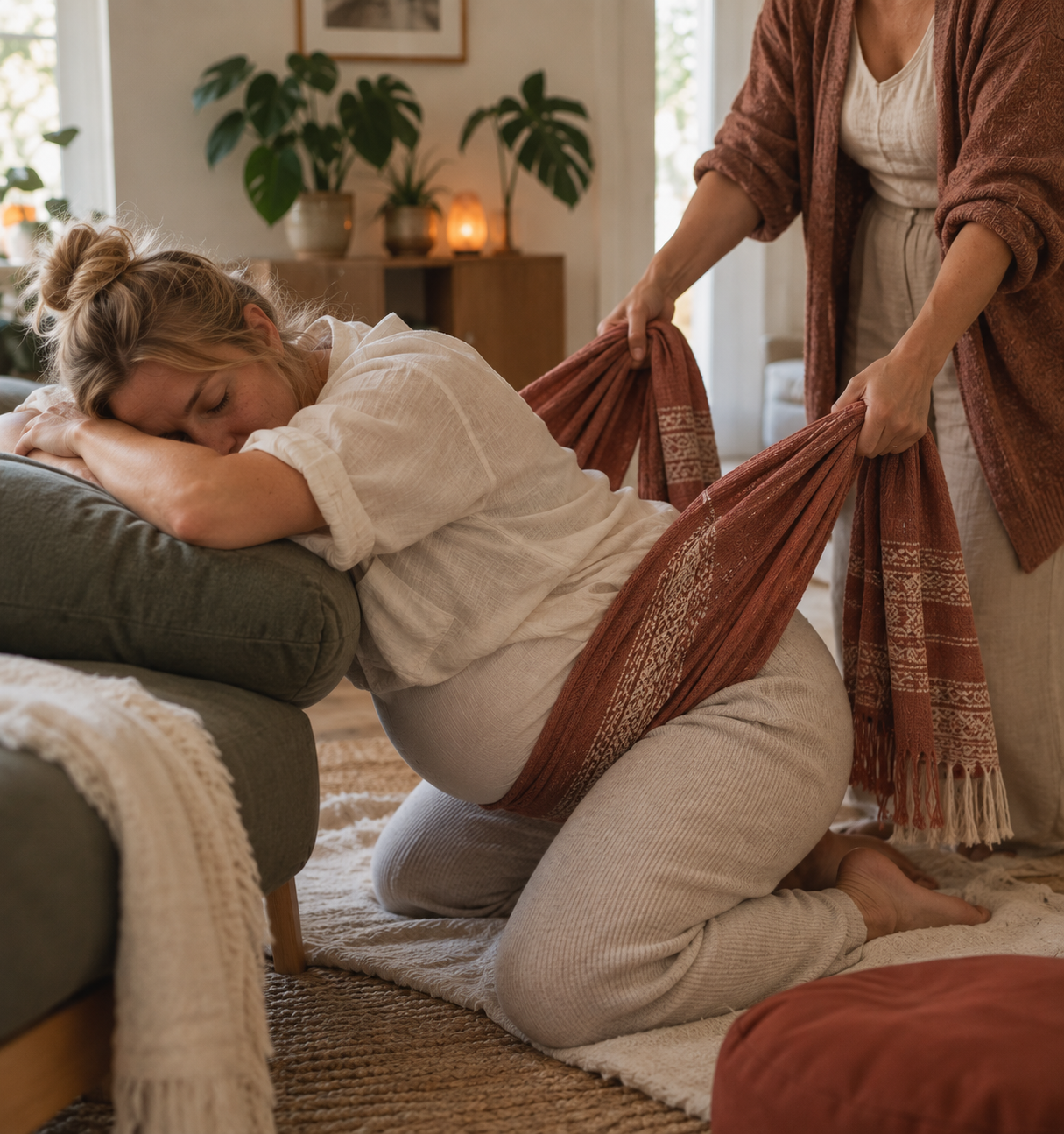 Zwangere vrouw ontvangt zachte ondersteuning met een rebozo tijdens een persoonlijk rebozoconsult