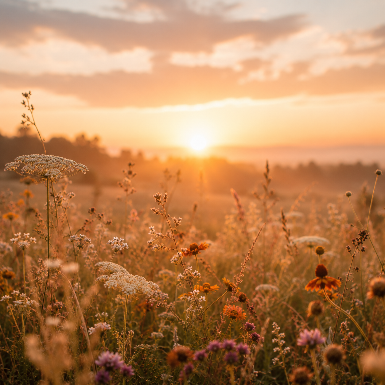 Warme zonsondergang boven een veld met wilde bloemen