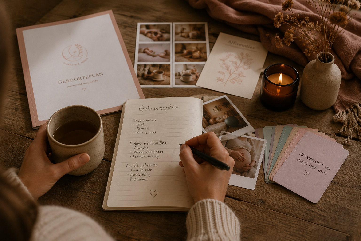 Persoonlijk geboorteplan met kaarten voor de stap Vertrouwen van de Mothers & Moon Methode