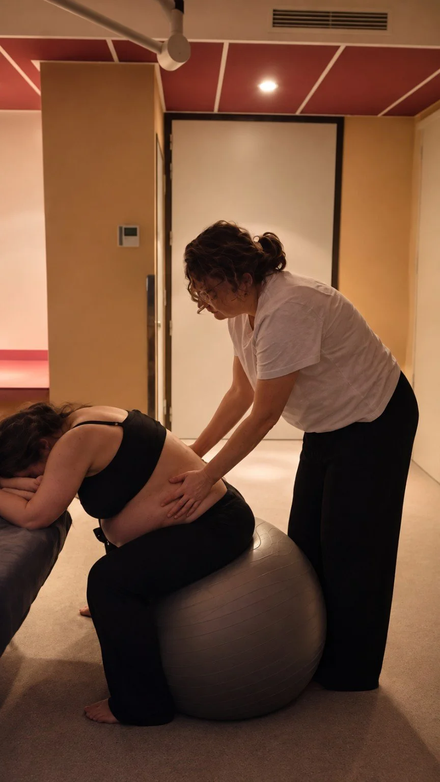 Doula Lindsay van Mothers & Moon ondersteunt een zwangere vrouw op een geboortebal met massage van de onderrug.