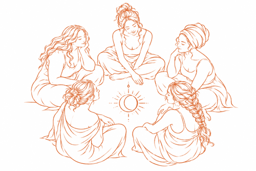 A spiritual circle of women around the sun and moon at the summer solstice