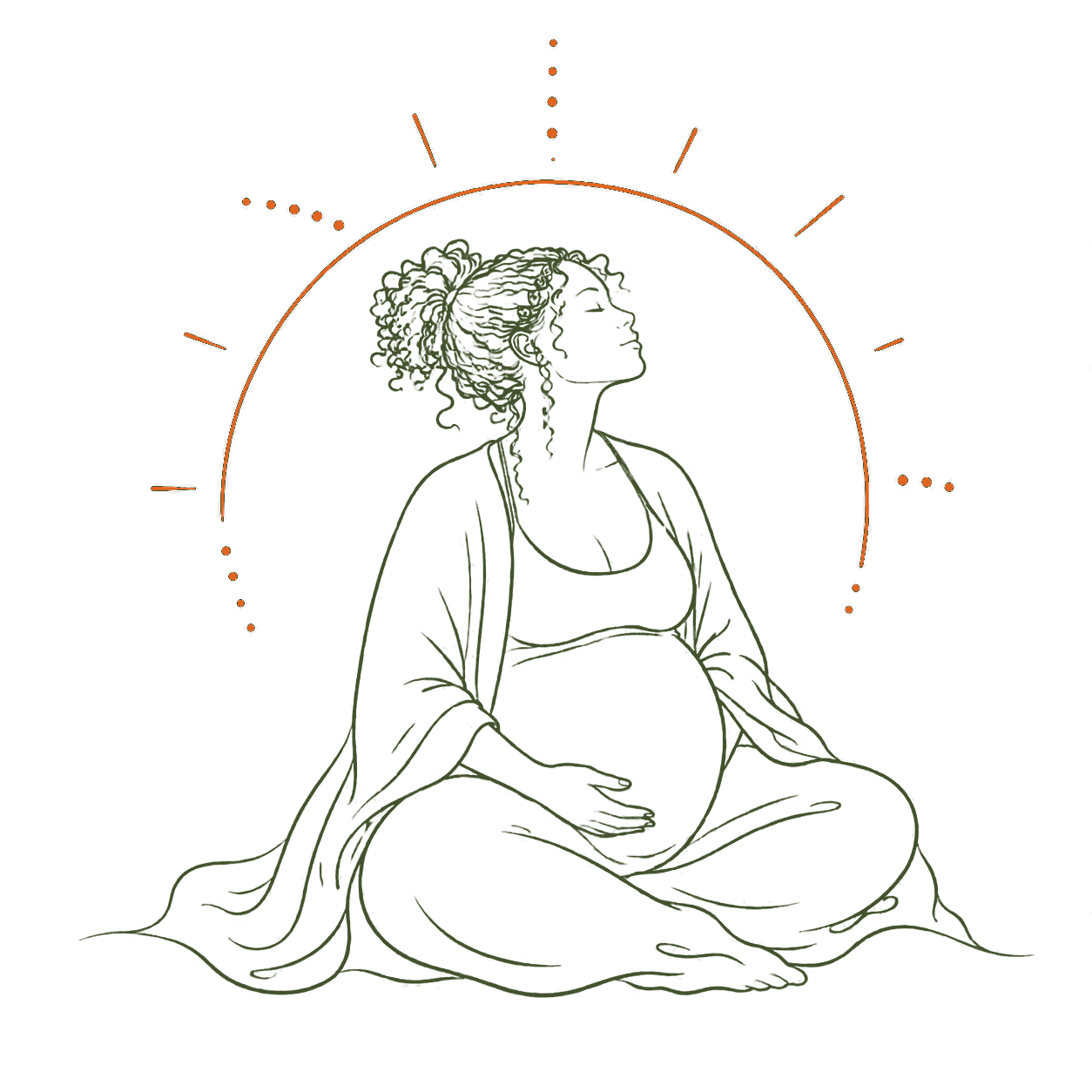 Lijnillustratie van een ontspannen zwangere vrouw met een opgaande zon als symbool voor een positieve geboorte-ervaring.