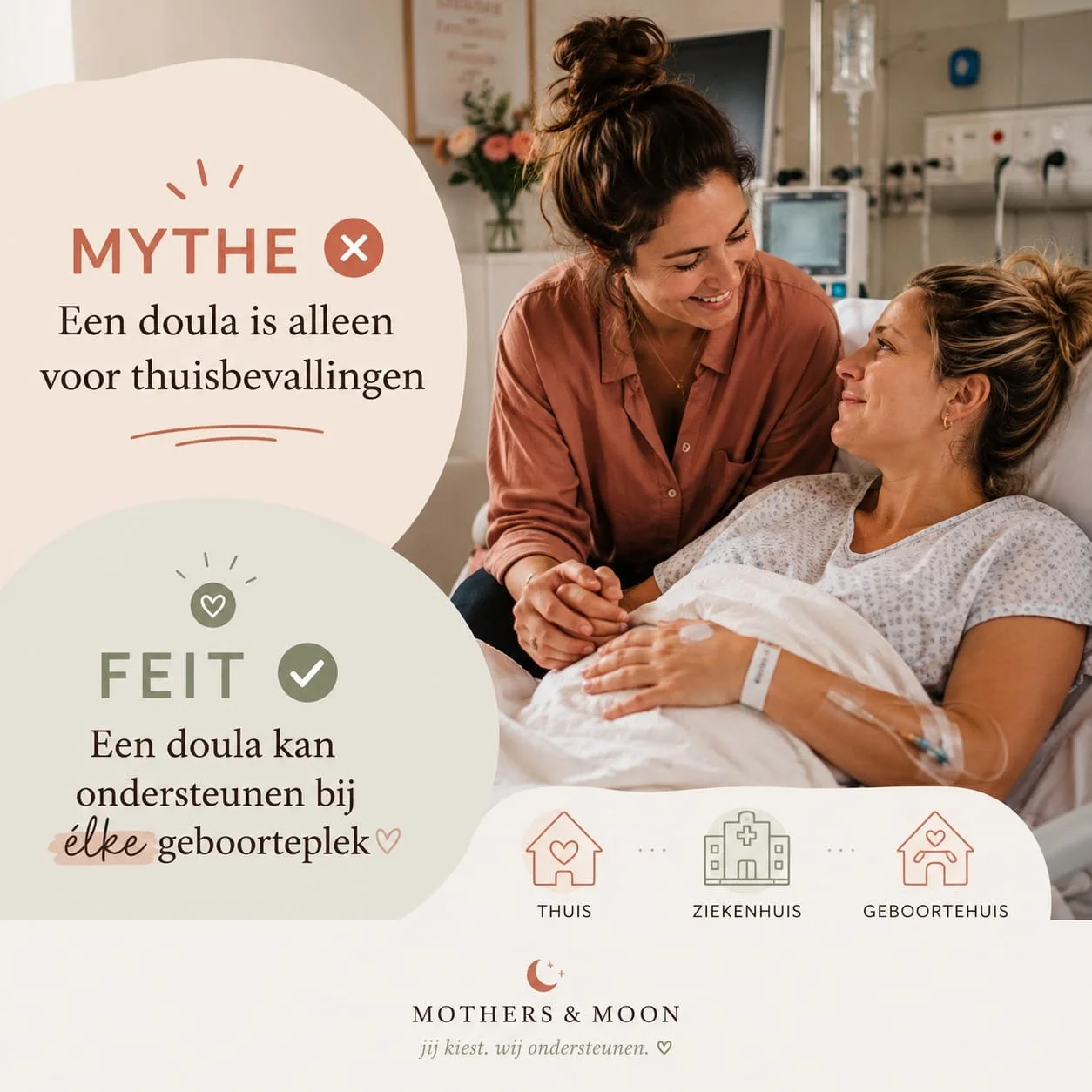 MYTHE: een doula is alleen voor thuisbevallingen ✘

Veel mensen denken bij een doula meteen aan een badbevalling thuis met kaarsjes en rustgevende muziek 😄

Maar een doula ondersteunt waar jij bevalt.
Thuis, in het ziekenhuis of in een geboortehuis 