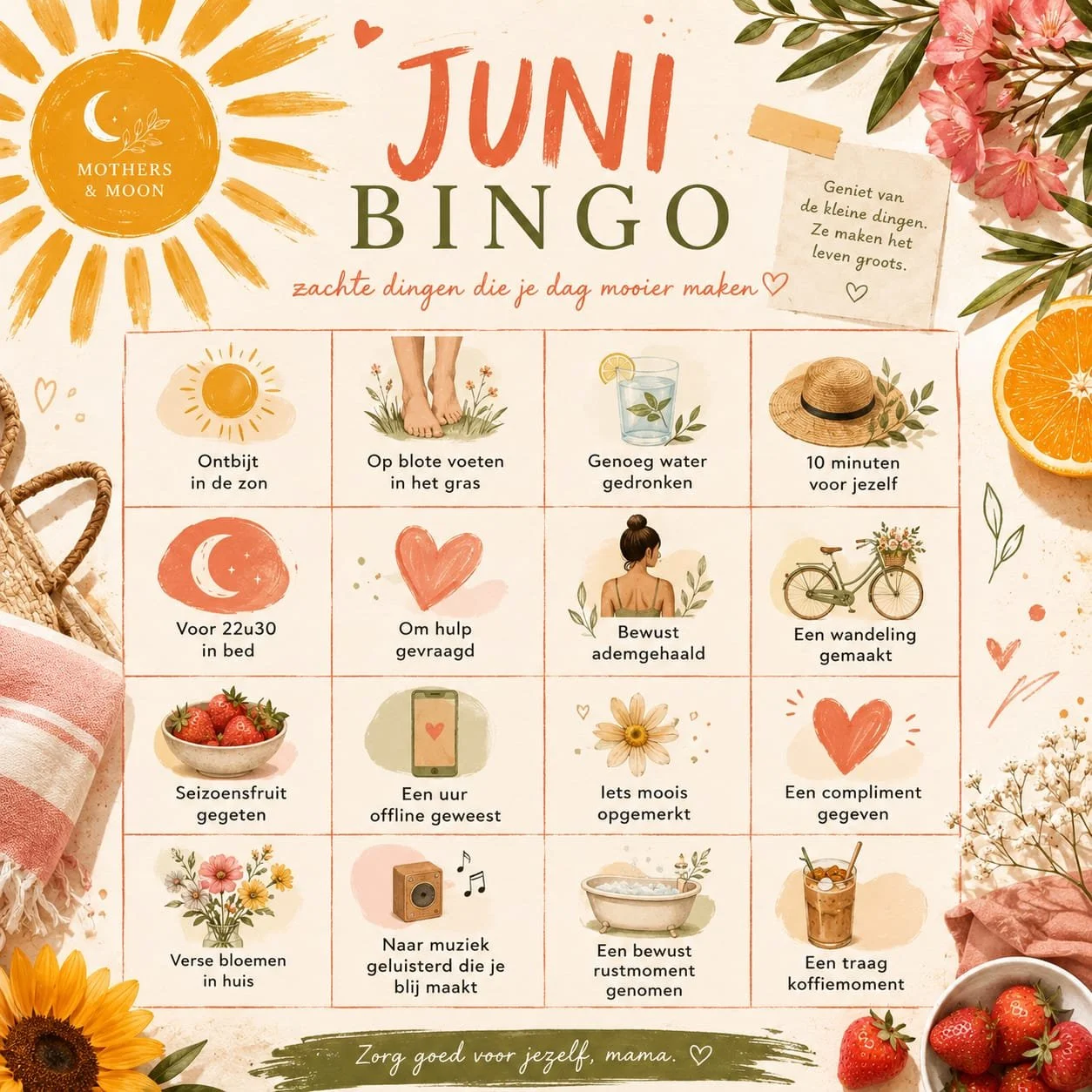 Een nieuwe maand vraagt om iets leuks 😍☀️

Daar is ze: de Mothers &amp; Moon juni bingo 🧡

Geen prestatiedruk. Geen perfectie. Gewoon kleine zonnige momentjes, zachte selfcare en een beetje extra vreugde tussendoor 🌿🍓✨

Ik ben h&eacute;&eacute;l 