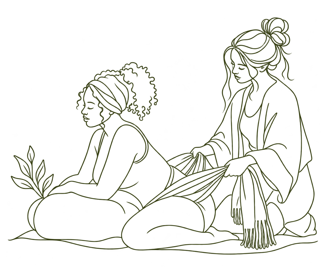 One-line illustratie van een zwangere vrouw die tijdens een rebozo consult wordt ondersteund met een rebozo