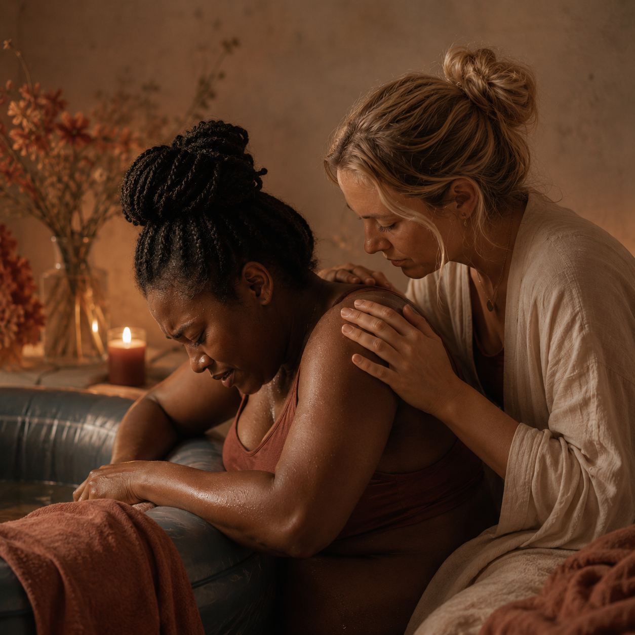 Doula ondersteunt een vrouw met rustige aanraking tijdens de bevalling