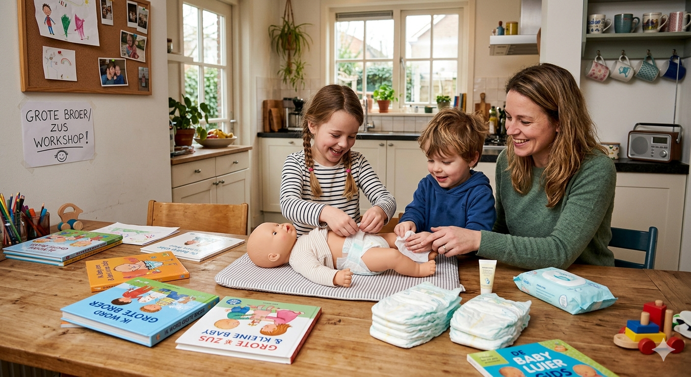 Twee kinderen oefenen samen met een begeleider de verzorging van een babypop