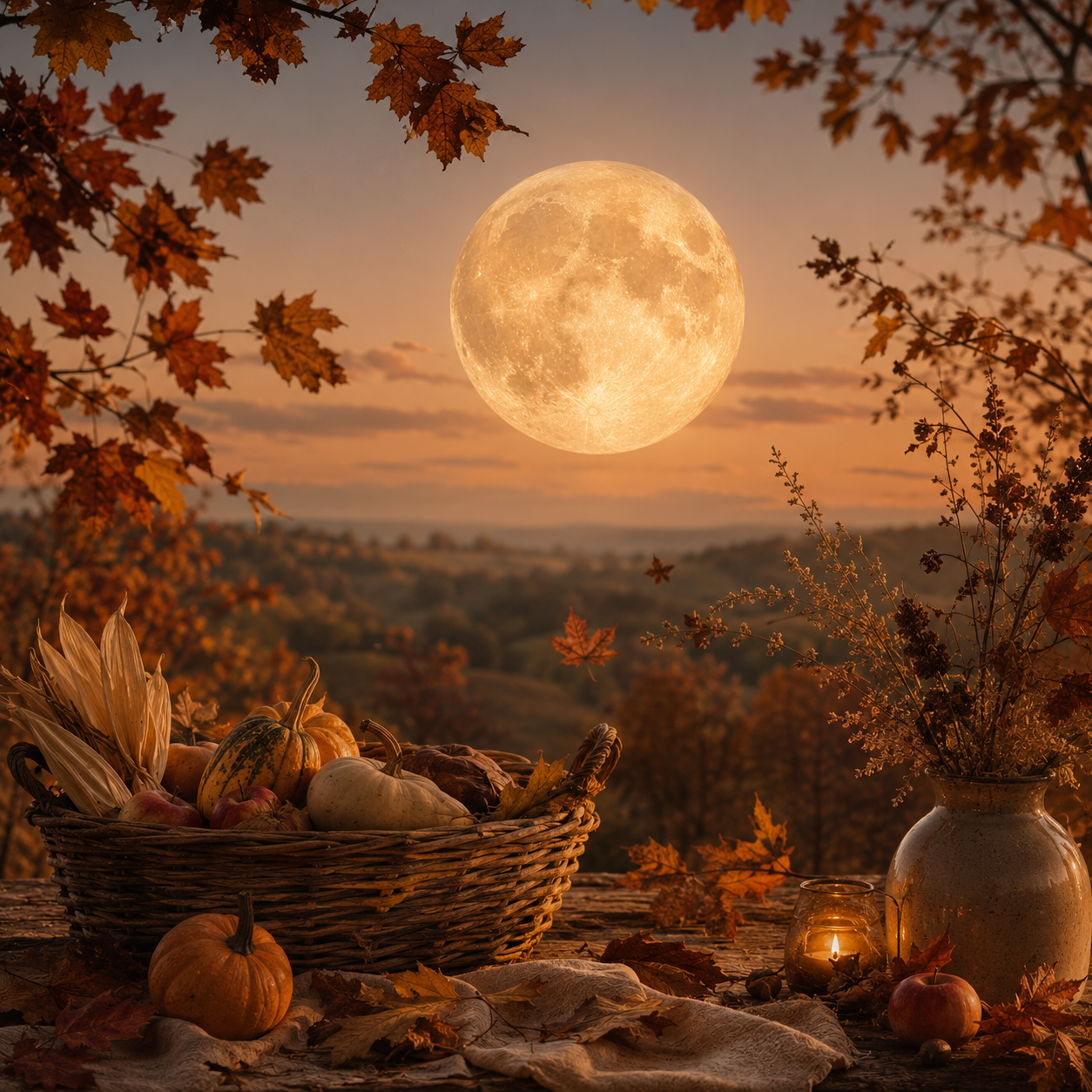 Volle Oogstmaan boven een warm herfstlandschap met bladeren en oogstmand