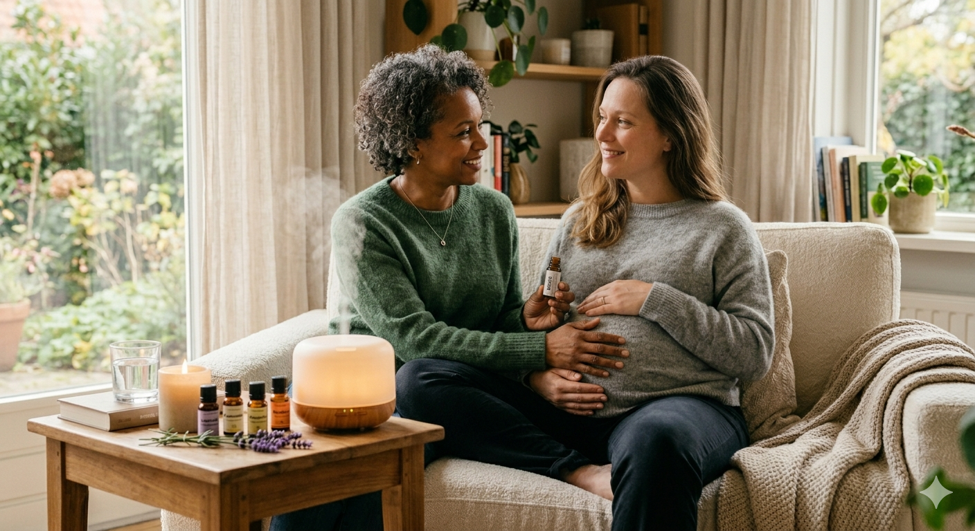 Begeleider bespreekt aromatherapie met een zwangere vrouw naast een diffuser en etherische oliën