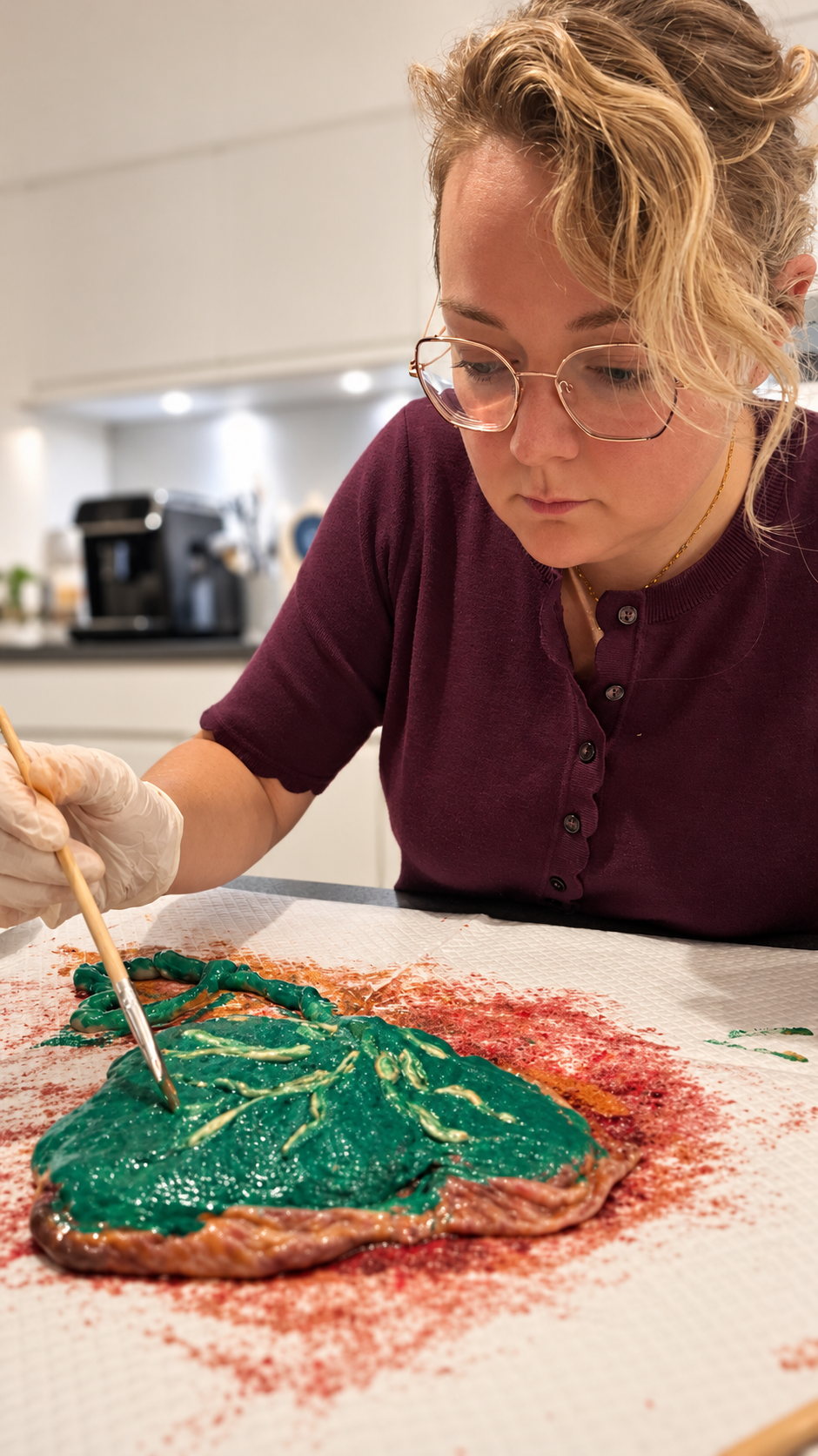 Lindsay brengt kleur aan voor een persoonlijke placenta-afdruk.