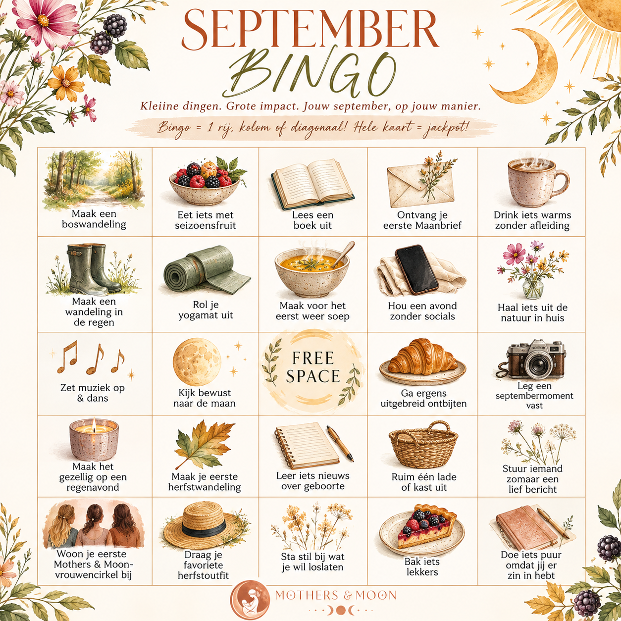 Gratis septemberbingo van Mothers & Moon met kleine opdrachten voor een bewuste en fijne septembermaand.