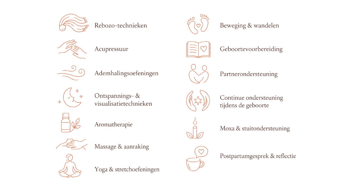 Overzicht doulabegeleiding: rebozo, acupressuur, ademhaling, ontspanning, aromatherapie, massage, beweging, geboortevoorbereiding, partnerondersteuning, continue geboortesteun, moxa en postpartumreflectie