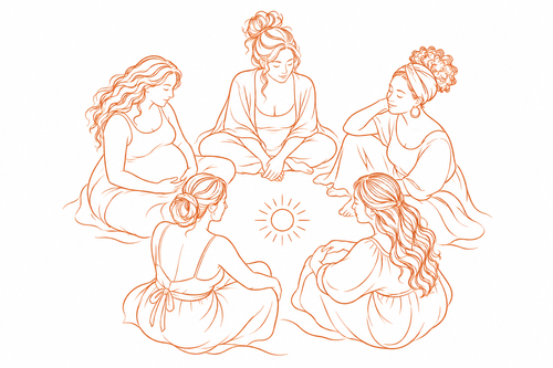 Women gathered in a circle around the sun for Mothers in the light