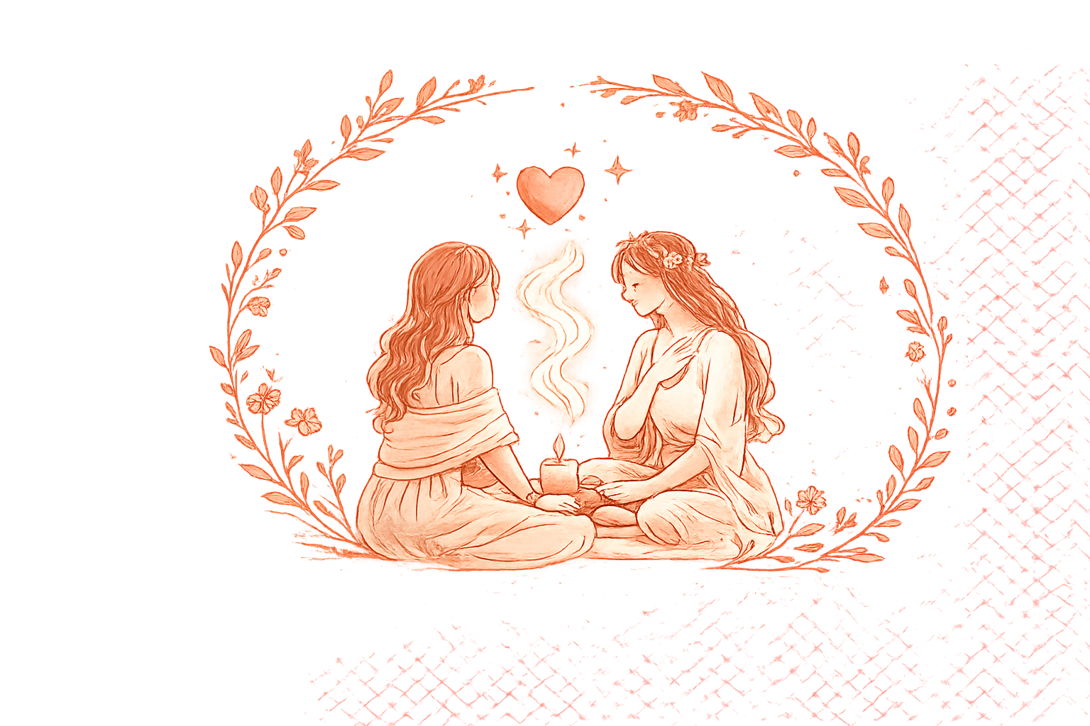 Illustratie van twee vrouwen die samen ruimte maken voor verbinding tijdens een kinderwenscirkel