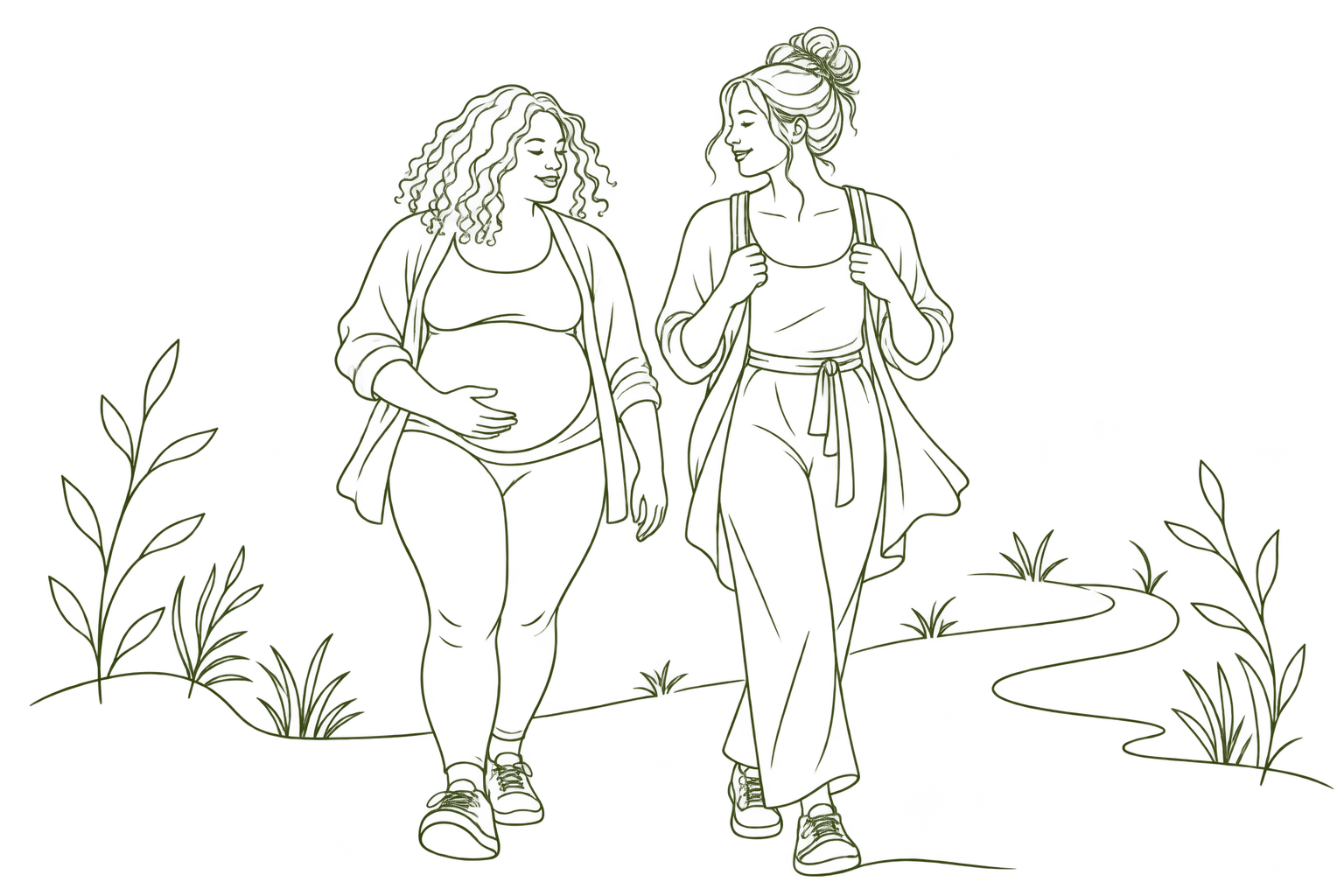 One-line illustratie van een zwangere vrouw die samen met een doula wandelt tijdens een meewandeling