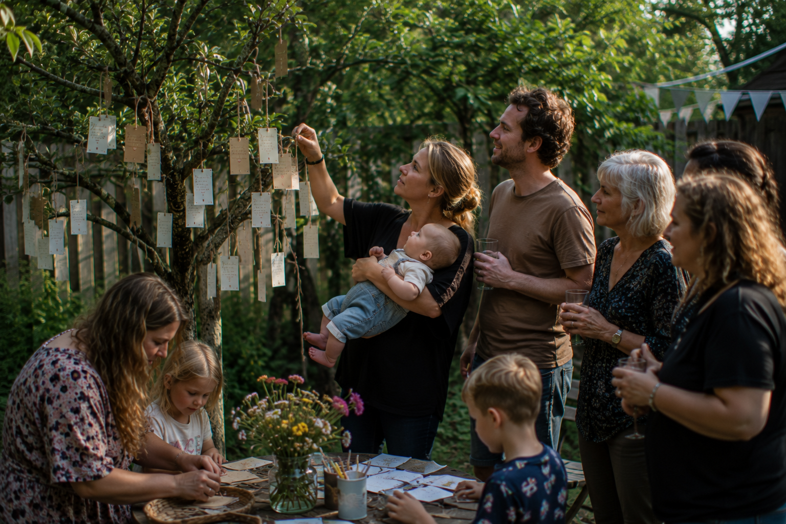 Zwangere vrouw omringd door dierbaren tijdens een Mother Blessing met belly painting