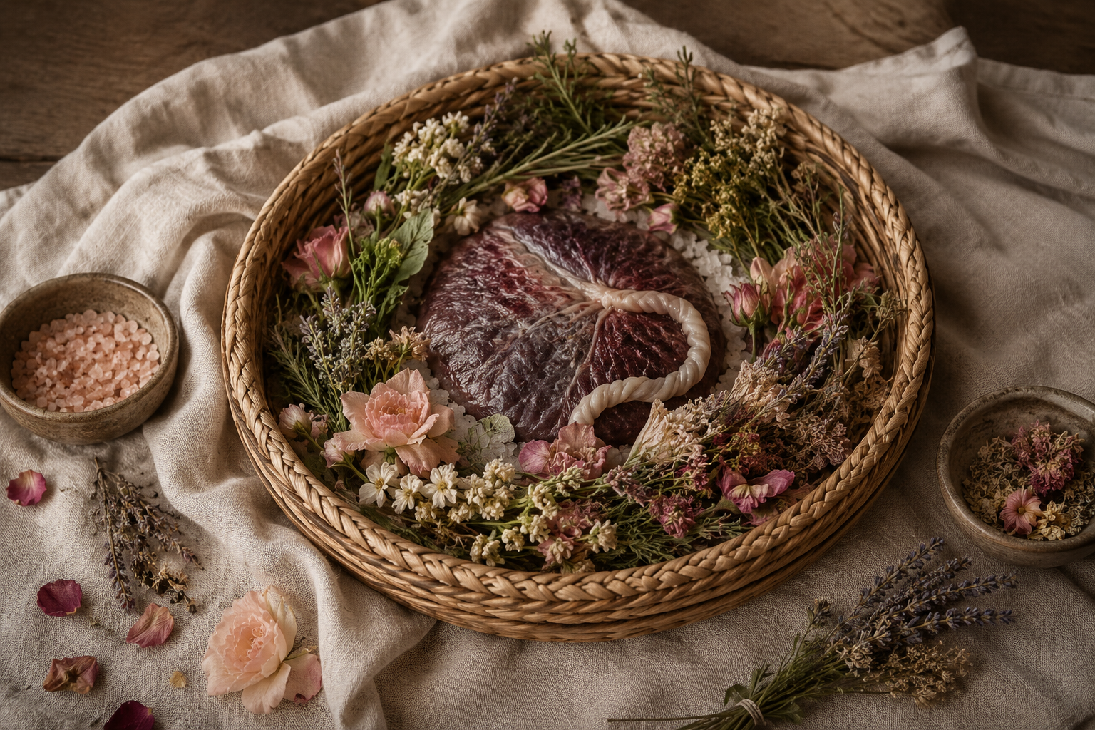 Placenta omringd door bloemen en kruiden voor een Lotus Birth