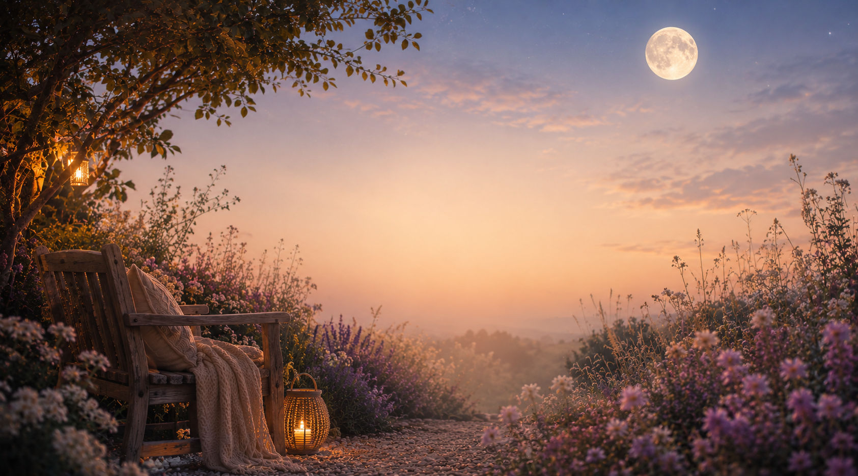 Rustige zitplaats tussen bloemen en lantaarns onder de volle maan