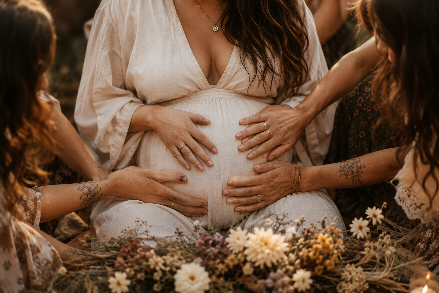 Zwangere vrouw omringd door dierbaren tijdens een Mother Blessing met belly painting