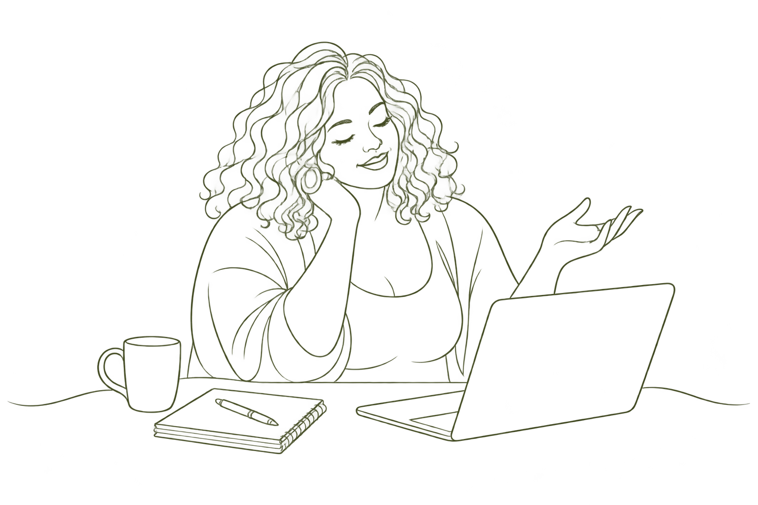 One-line illustratie van een vrouw tijdens een online doula adviesgesprek via haar laptop
