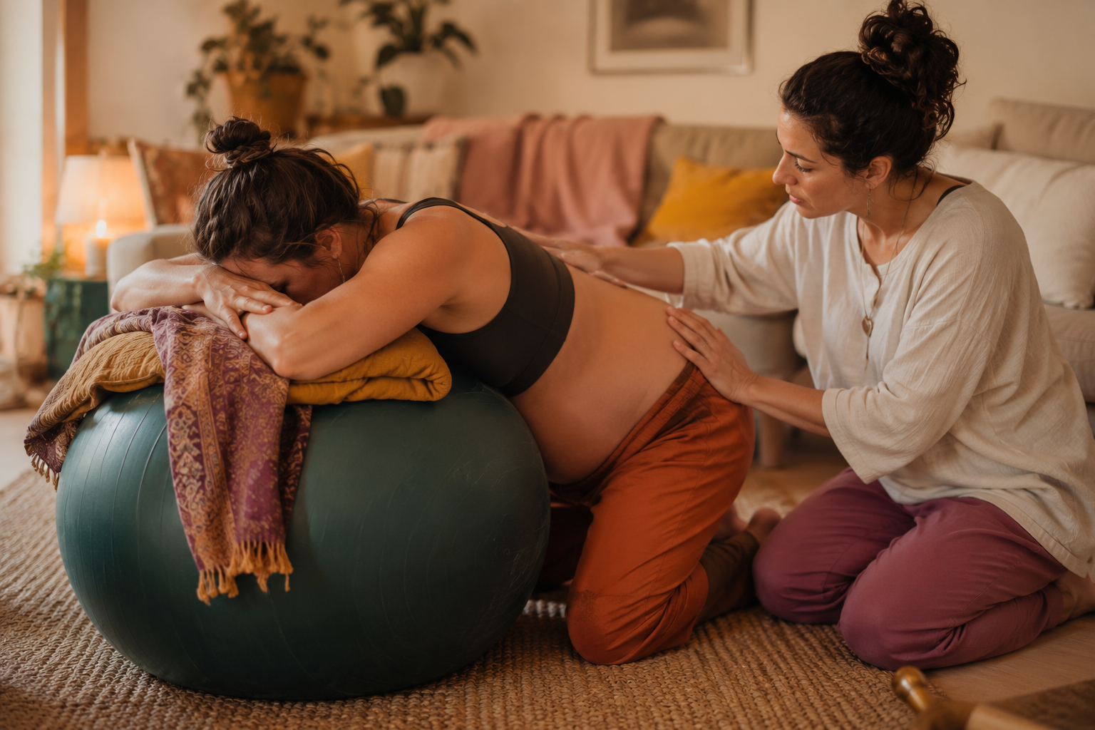 Doula ondersteunt een zwangere vrouw op een geboortebal met aanraking en een rebozo