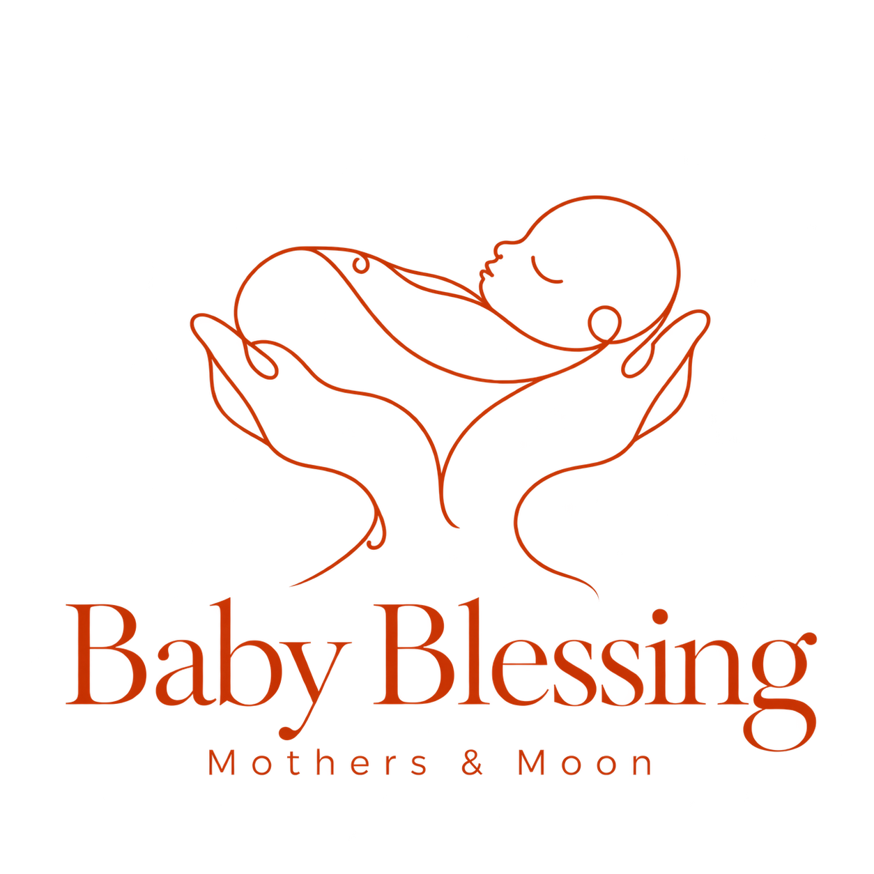 Baby Blessing · Mothers & Moon, lijnillustratie van een baby gedragen in handen.