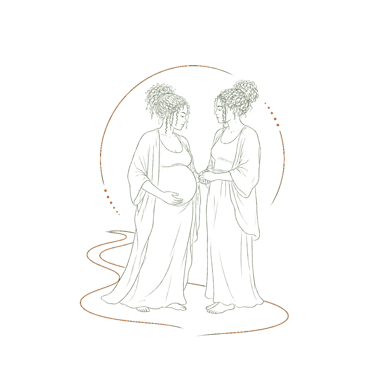 Lijnillustratie van een zwangere vrouw die rustig wordt bijgestaan door haar doula.