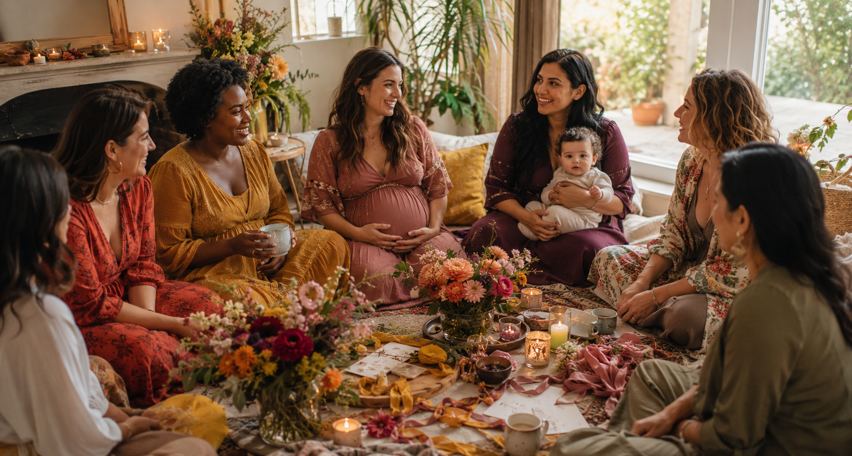 Blessingways – Diverse groep vrouwen verzameld in een warme Blessingway-ceremonie, omringd door bloemen, rituelen, verbinding en steun tijdens zwangerschap en moederschap.