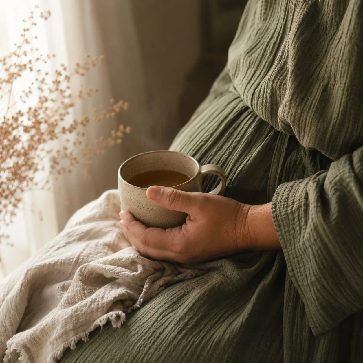 Vrouw rust met een warme drank tijdens haar postpartum herstel