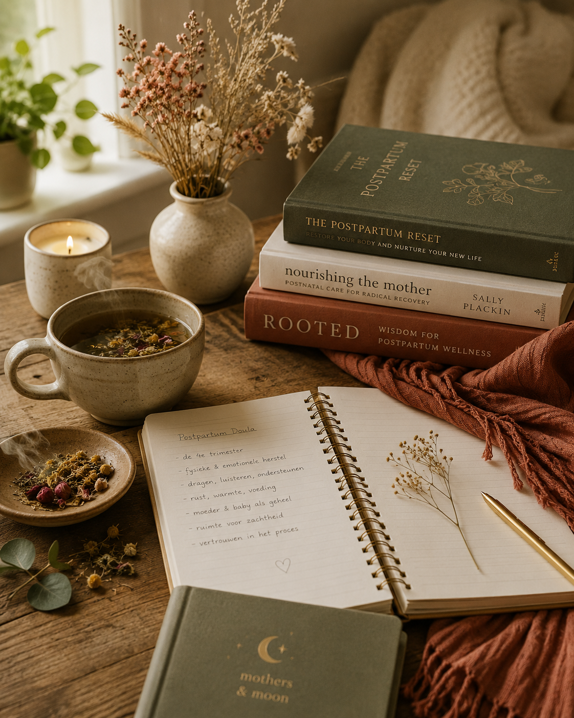 Studieboeken, thee en notities voor de opleiding tot postpartum doula