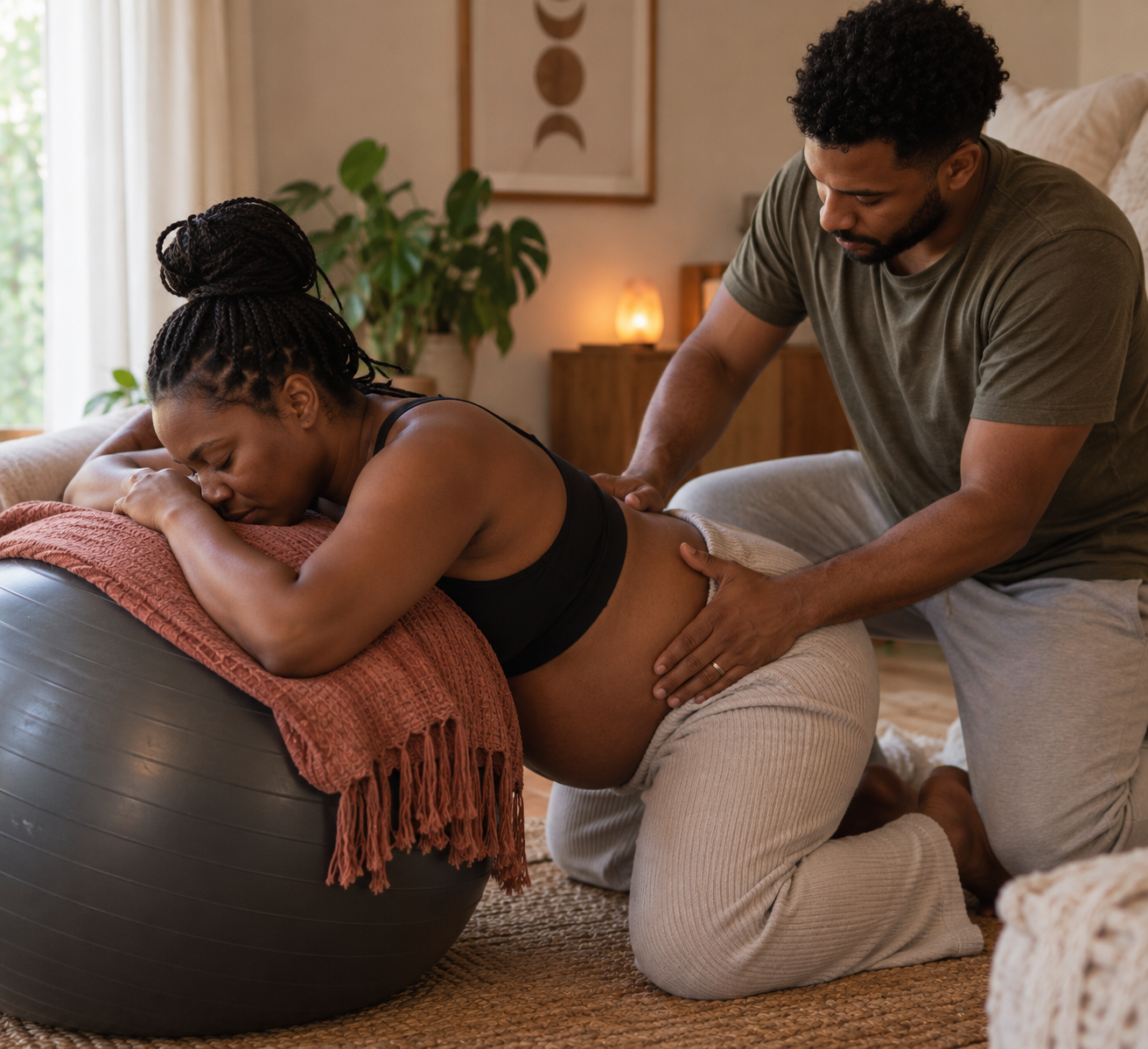 Geboortepartner ondersteunt een zwangere vrouw met massage en tegendruk tijdens de voorbereiding op de geboorte