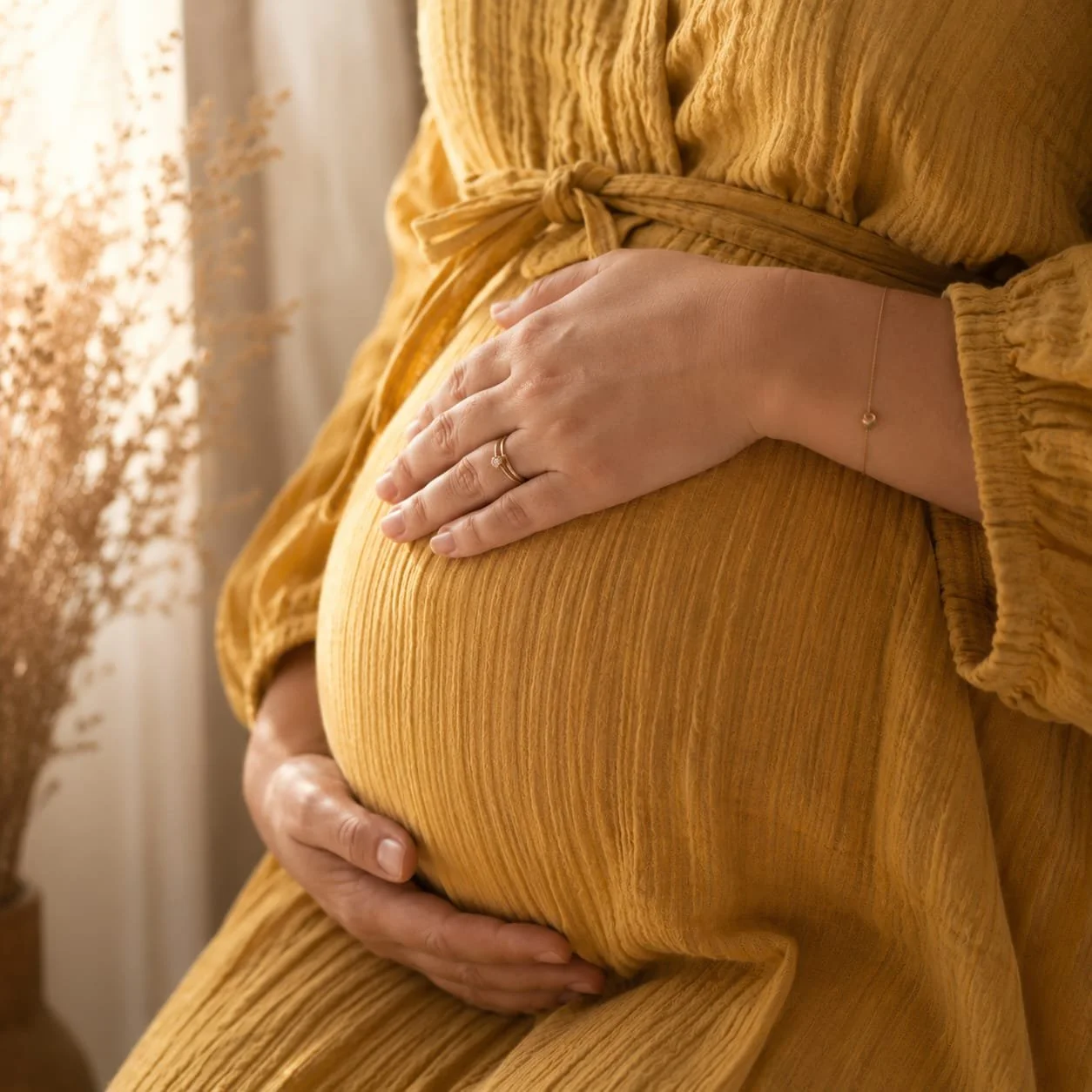Zwangere vrouw houdt haar buik vast tijdens de voorbereiding op de geboorte
