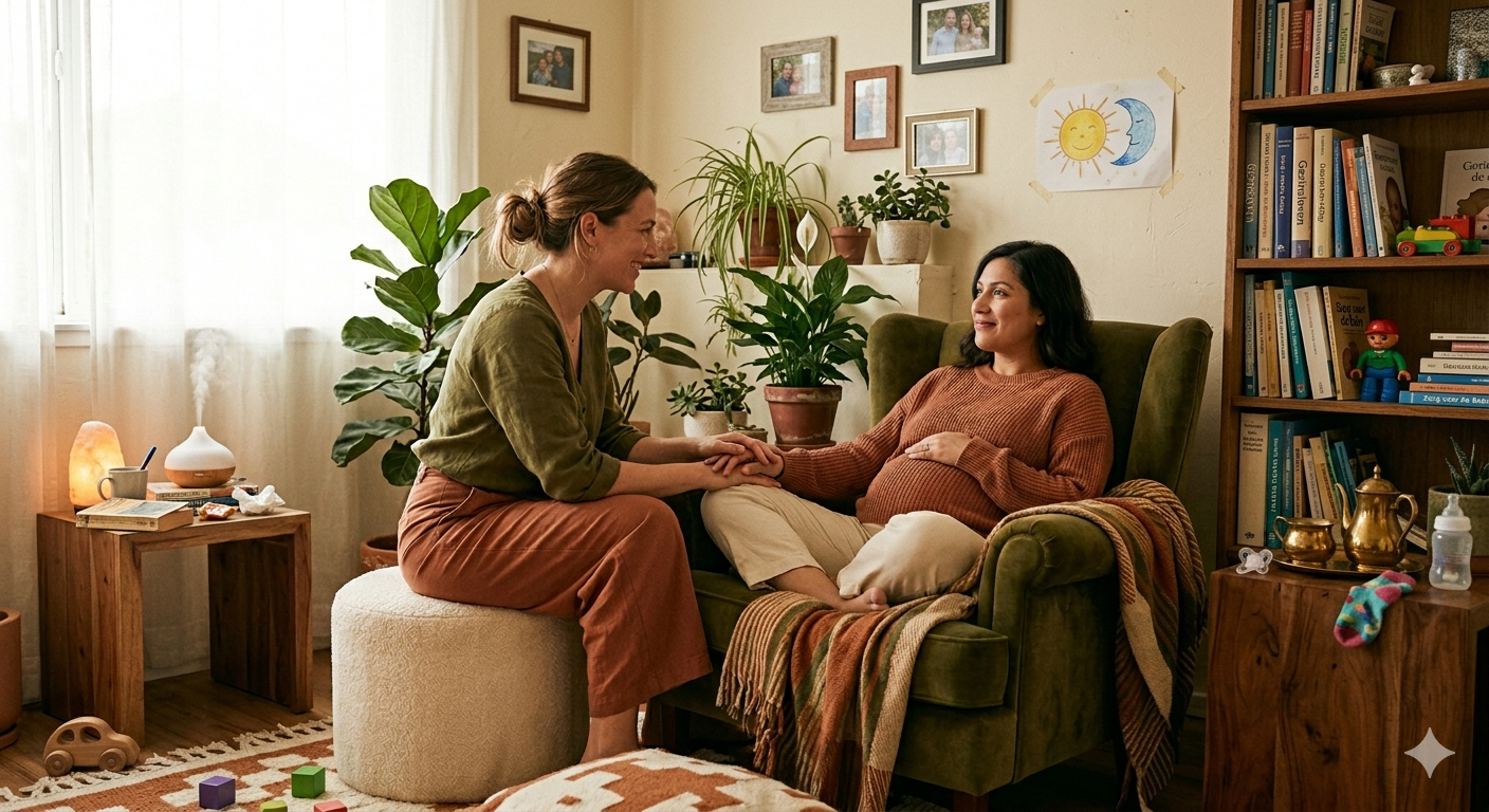 Doula praat thuis met een zwangere vrouw tijdens een persoonlijk begeleidingsgesprek