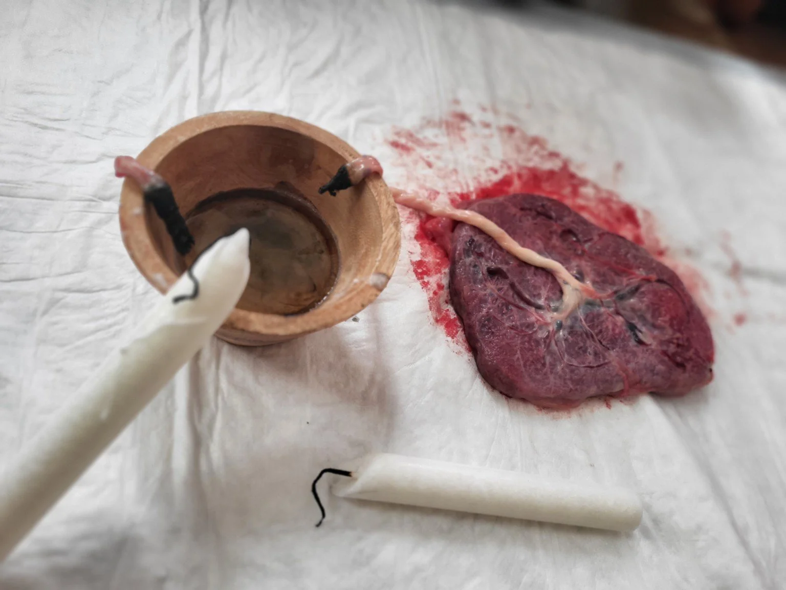 Placenta met navelstreng en brandende kaarsen tijdens een Cord Burning Ceremony