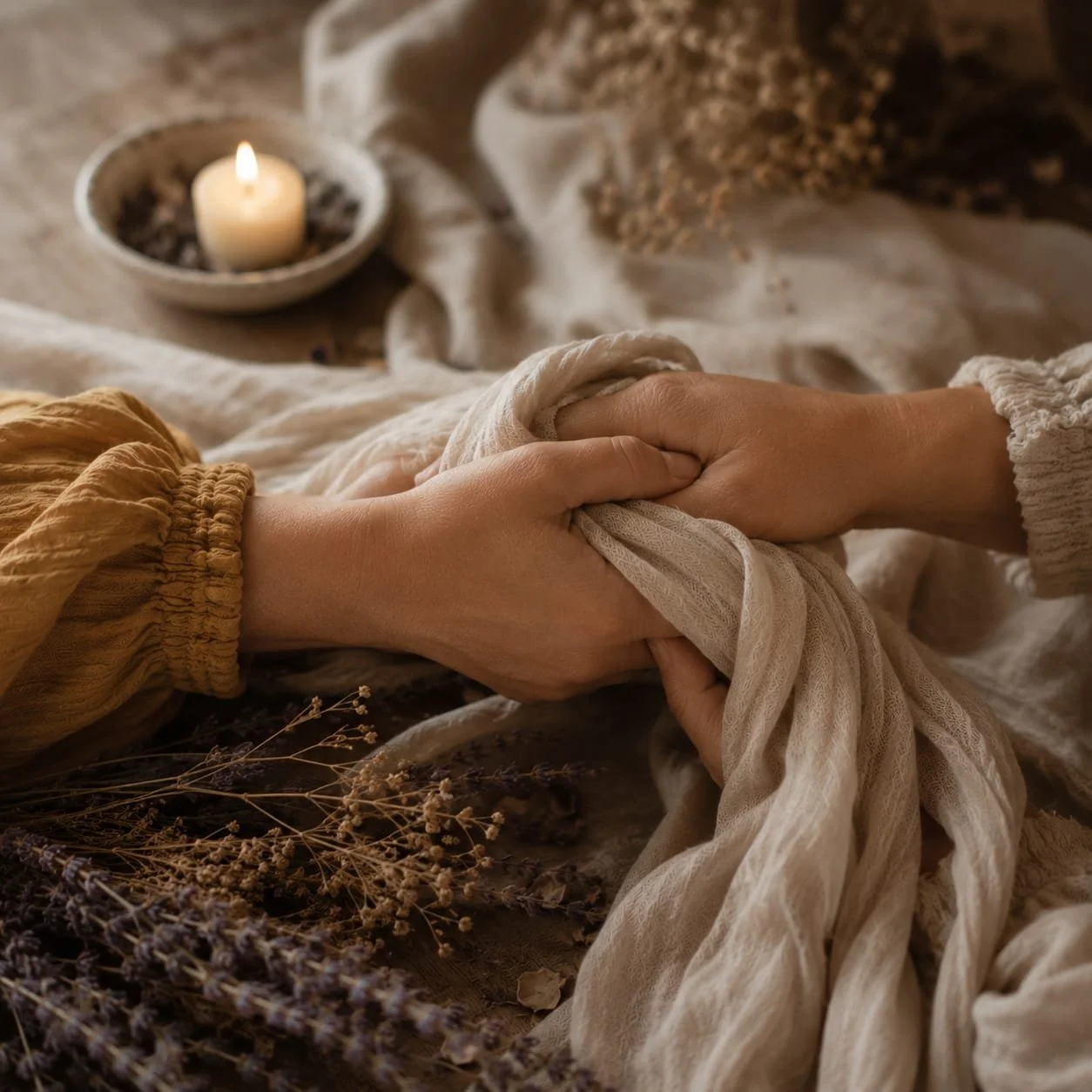 Vrouwen houden elkaars handen vast tijdens een vrouwencirkel