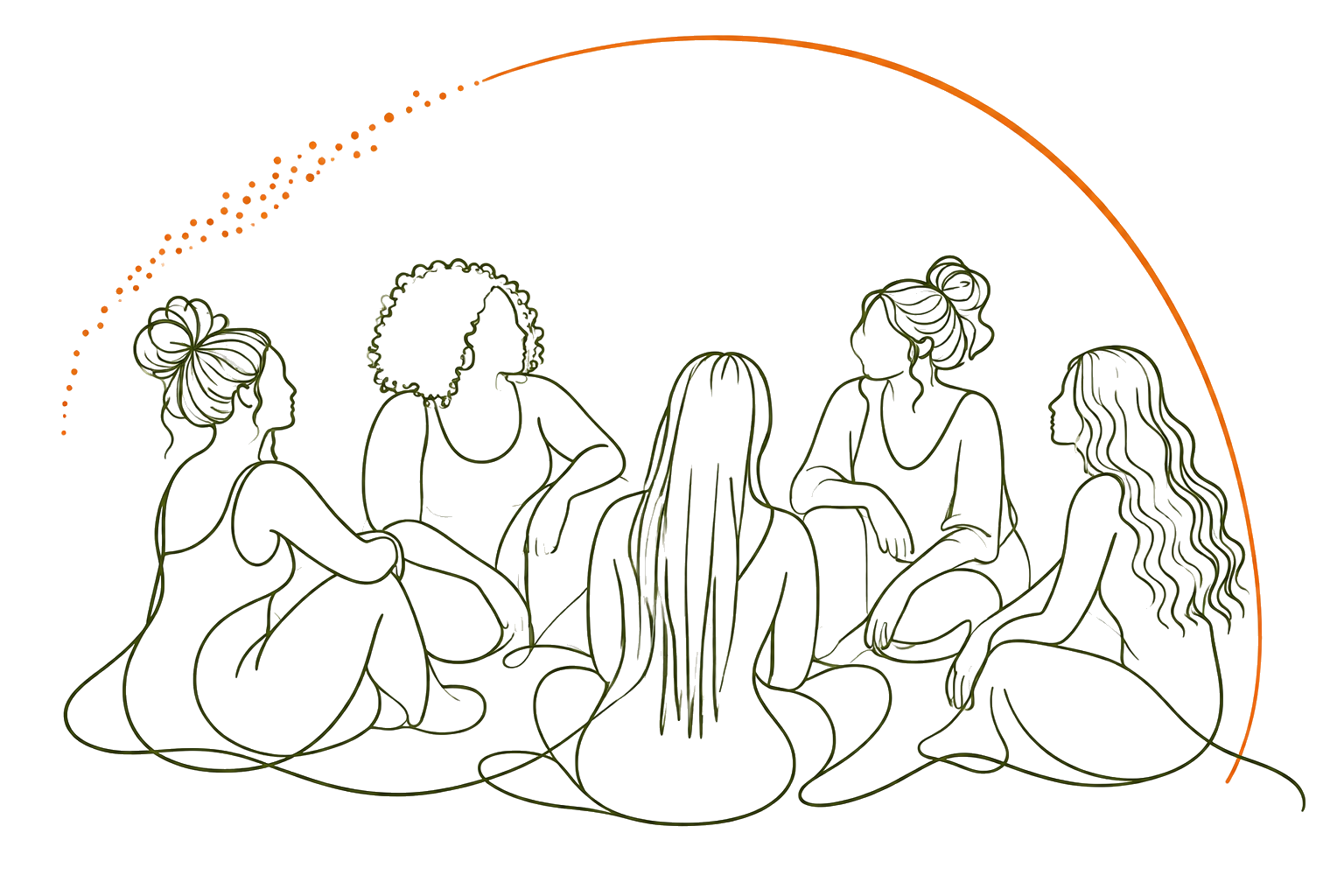 Lijnillustratie van vijf diverse vrouwen die samen in een cirkel zitten.